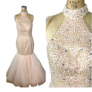 1980s halter gown blush pink with pearls and rhinestones mermaid style