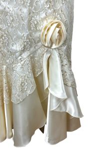 1980s satin sheath gown with gold lace and puffed sleeves - Fashionconservatory.com