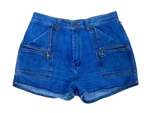 1970s denim jean shorts with brass buttons and unique hip pockets 