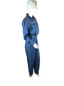 1980s blue denim jumpsuit with gold embroidery by D. Frank  - Fashionconservatory.com