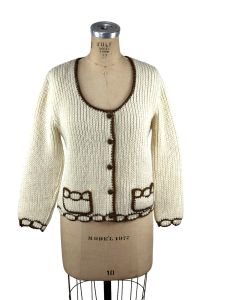 1960s 70s Evan-Picone wool cardigan ivory with brown trim Size M/L