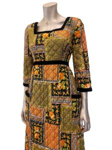 1960s/70s Quilted Hostess Dress with Velvet Trim - Fashionconservatory.com