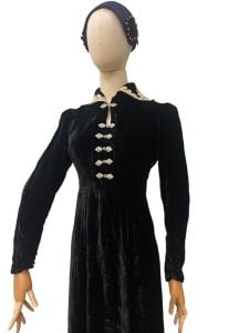 1930s Velvet Dress with Rhinestone Closures 