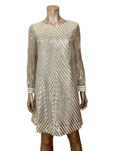 1960s Silver Metallic Dress With Sheer Sleeves By Alice of California  - Fashionconservatory.com