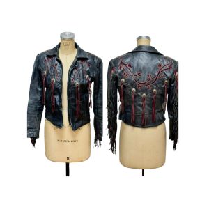 Vintage Harley Davidson black leather biker jacket with conchos and fringe Size M