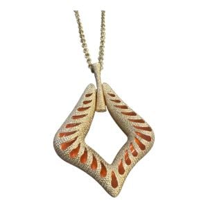 1970’s Vintage Sarah Coventry Bright Gold Pendant Necklace with Orange Back MOD - Fashionconservatory.com