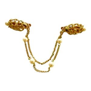 1950’s Vintage Gold Double Chain Sweater Clip with Pearl Accents, 7” Long