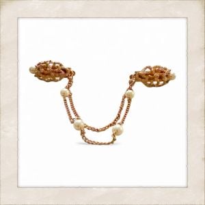 1950’s Vintage Gold Double Chain Sweater Clip with Pearl Accents, 7” Long - Fashionconservatory.com