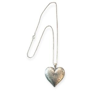 Vintage Oversized Etched Puffy Heart Pendant Necklace in Silver, 23” Long