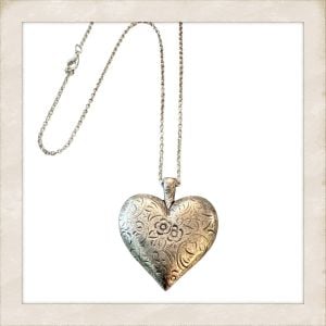 Vintage Oversized Etched Puffy Heart Pendant Necklace in Silver, 23” Long - Fashionconservatory.com