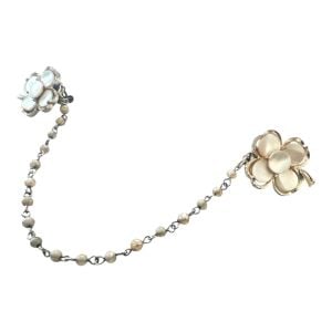 1950s Mother of Pearl Clover Sweater Clip W/ Silvertone Hardware, 8.75” Long