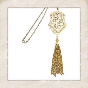 Vintage 1970’a Tassel Statement Necklace with White Enamel Center, Approx 18.5” - Fashionconservatory.com