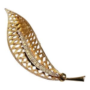 1950’s Vintage Large Leaf Brooch with Rhinestones in Gold, Estate Jewelry, 3” - Fashionconservatory.com