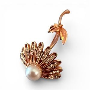 Vintage Mid Century Gold, Pearl & Rhinestone Flower Brooch, 2” Tall