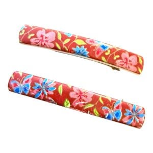 1970’s Red Floral French Barrettes Hair Clips, Deadstock, Made in France, Pair