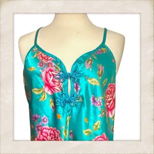 1990’s Teal and Pink Floral Satin Chemise with Spaghetti Straps, Mini, Size L - Fashionconservatory.com