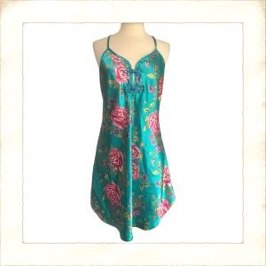 1990’s Teal and Pink Floral Satin Chemise with Spaghetti Straps, Mini, Size L