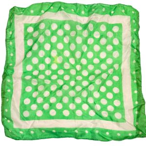 Vintage Sheer Hand Rolled Silk Polka Dot Scarf in Green and White, 16” Square
