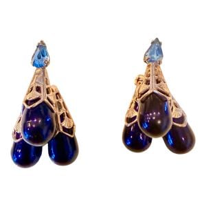 1950’s Vintage Large Black Beaded Drop Earings w/Blue Rhinestone, Clip On’s - Fashionconservatory.com