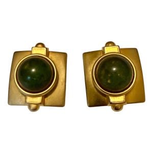 Vintage Large Earrings in Gold with a Green Center Stone, Clip On’s, 1.5” Tall - Fashionconservatory.com