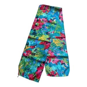 Vintage Vibrant Floral Scarf in Teal, Pink & Green, Oblong Head or Neck Scarf 