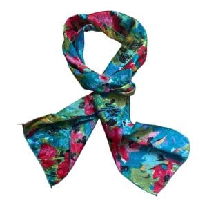 Vintage Vibrant Floral Scarf in Teal, Pink & Green, Oblong Head or Neck Scarf  - Fashionconservatory.com