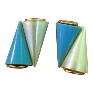 Fab Blue and White Angular Clip On Earrings, 80’s Statement Jewelry, 1.5” Long