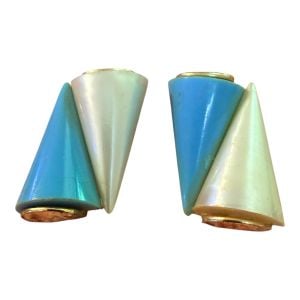 Fab Blue and White Angular Clip On Earrings, 80’s Statement Jewelry, 1.5” Long - Fashionconservatory.com