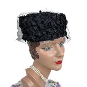 Vintage 60s Black Raffia Straw Pillbox Hat with Netting