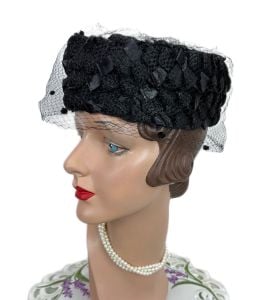 Vintage 60s Black Raffia Straw Pillbox Hat with Netting - Fashionconservatory.com