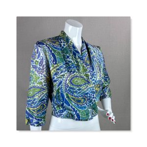 60s Blue Abstract Wrap Blouse w/ Elbow Sleeves by Pilot, Sz M-L