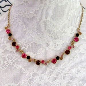 Vintage NAPIER Pink to deep rose rhinestone choker necklace - gold tone setting 1990s