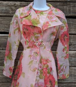 Vintage 1960's Pink and Red Poppy Print Formal Dress with Matching Duster / Overcoat