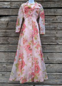 Vintage 1960's Pink and Red Poppy Print Formal Dress with Matching Duster / Overcoat - Fashionconservatory.com