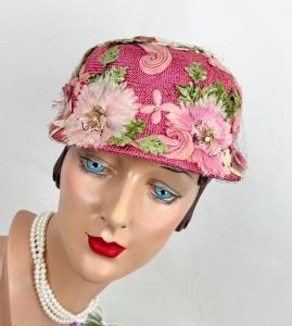 Vintage 60s Pink Straw Floral Cloche Style Hat 