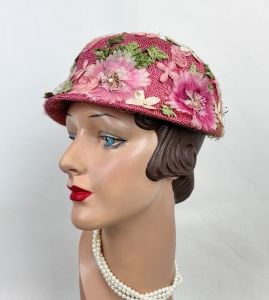 Vintage 60s Pink Straw Floral Cloche Style Hat  - Fashionconservatory.com