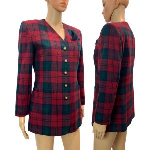 90s Red Green Tartan Plaid Wool Fitted Blazer Women | Petite XS - Fashionconservatory.com
