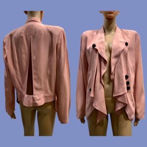 80s Pink Split Back Blazer w Black Rosettes Draped Avant Garde Jacket 