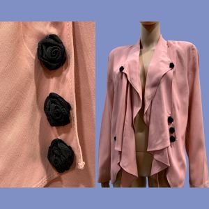 80s Pink Split Back Blazer w Black Rosettes Draped Avant Garde Jacket  - Fashionconservatory.com