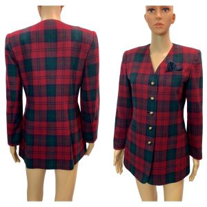 90s Red Green Tartan Plaid Wool Fitted Blazer Women | Petite XS