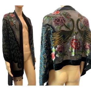 Large Black Silk & Rayon Velvet Peacock Scarf Shawl w Beads - Fashionconservatory.com