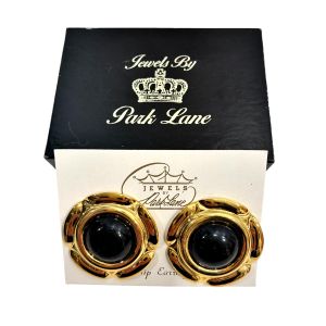 80s Large Gold Tone Black Dome Clip-On Earrings NOS Statement