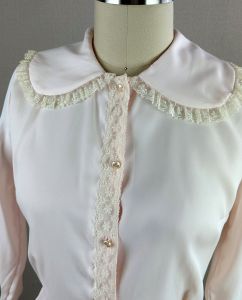 50s Pink Nylon Lace Blouse with Elbow Sleeves, B36 - Fashionconservatory.com