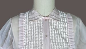 Vintage 40s - 50s Sheer Pink Nylon Blouse, Button Front, Puff Sleeves - Fashionconservatory.com