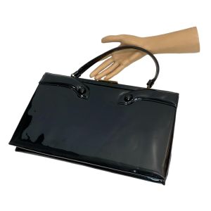 60s X- Large Mod Black Patent Leather Top Handle Bag - Fashionconservatory.com