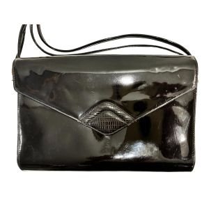 Vintage 70s Koret Black Patent Vinyl Shoulder Bag Red Interior USA - Fashionconservatory.com