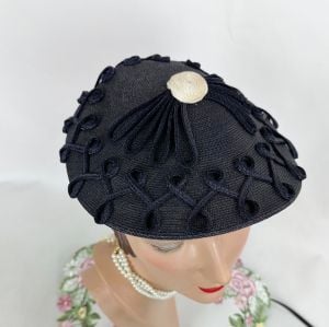 Vintage 50s Navy Blue Straw Hat with Braid Designs by Helen Yoffe