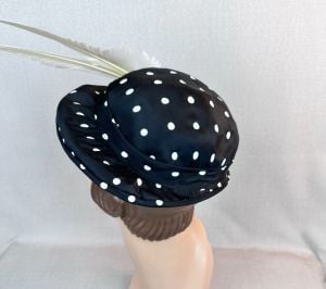 Vintage 50s Black and White Polka Dot Derby Hat with Feathers - Fashionconservatory.com