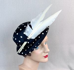 Vintage 50s Black and White Polka Dot Derby Hat with Feathers