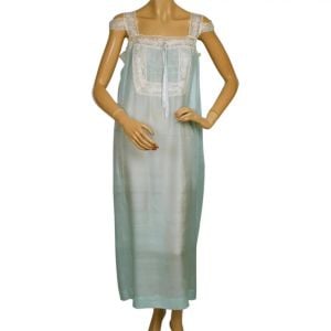 Vintage 1920s Silk Nightie Blue Pongee Nightgown w Lace Trim